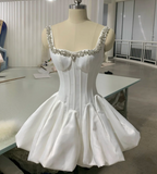 Square Neck Ball Gown Satin Short Party Dress Rhinestone Hoco Dresses Elegant Formal Dress Birthday Outfits HZ1024