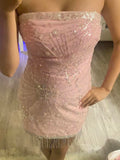 Strapless Bodycon Short Party Dress Pink Sparkly Sequin Hoco Dresses Cute Birthday Outfit Formal Dress HZ1024