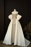 Strapless Sheath Tulle Evening Gown Champagne Beaded Elegant Long Prom Dresses HZ1024