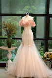 Off-the-shoulder Mermaid Tulle Evening Gown Light Coral Beaded Sequin Long Prom Dresses Sweet Birthday Outfits HZ1024
