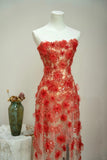 Strapless Sheath Tulle Evening Gown Red Lace Applique Long Prom Dresses Bridesmaid Dresses HZ1024