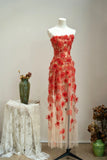 Strapless Sheath Tulle Evening Gown Red Lace Applique Long Prom Dresses Bridesmaid Dresses HZ1024