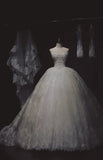 White Strapless Bridal Dress Lace Applique Ball Gown Princess Beaded Tulle Long Wedding Dress HZ1024