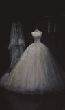 White Spaghetti Strap Bridal Dress Sparkly Applique Ball Gown Elegant Beaded Tulle Long Wedding Dress HZ1024