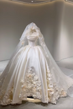 White Strapless Bridal Dress with 3D Appliques Ball Gown Elegant Satin Long Wedding Dress HZ1024