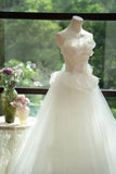 White Strapless Bridal Dress Long Ball Gown Elegant Tulle Long Wedding Dress HZ1024