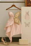 Pink Sheath Formal Dress Spaghetti Strap Party Dress Birthday Dress Satin Short Homecoming Dresses HZ1024