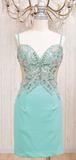 Sheath Blue Spaghetti Strap Formal Dress Vintage Short Beaded Satin Homecoming Outfit Elegant Birthday Dress HZ1024