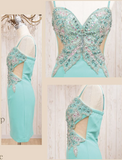 Sheath Blue Spaghetti Strap Formal Dress Vintage Short Beaded Satin Homecoming Outfit Elegant Birthday Dress HZ1024
