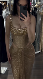 Gold Sheath Corset Long Prom Dresses Square Neck Sequin Mesh Evening Gowns HZ1024