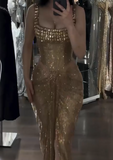 Gold Sheath Corset Long Prom Dresses Square Neck Sequin Mesh Evening Gowns HZ1024