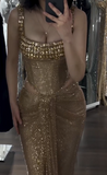 Gold Sheath Corset Long Prom Dresses Square Neck Sequin Mesh Evening Gowns HZ1024