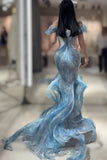 Ice Blue Mermaid Off-the-shoulder Long Prom Dresses Stunning Tulle Evening Gowns HZ1024