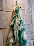 White/Green A-Line V-Neck Long Prom Dresses Chiffon Tiered Evening Gowns Vintage Birthday Dress HZ1024