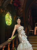 Mermaid Spaghetti Strap Long Prom Dresses Elegant Tulle Beaded Birthday Evening Dress HZ1024