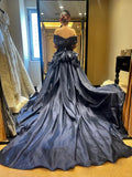 Navy Blue Ball Gown Off Shoulder Quinceanera Dress Satin Sweet 16 Dress Graduation Dress HZ1024