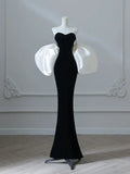 Mermaid Velvet Puff Sleeves Black Long Prom Dress, Black Evening Dress HZ1024