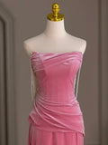 Velvet Beads Pink Long Prom Dress, Pink Long Formal Dress HZ1024