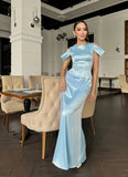 Blue Jewel Sheath Evening Dress Satin Party Dress Wedding Guest Dress HZ1024