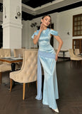 Blue Jewel Sheath Evening Dress Satin Party Dress Wedding Guest Dress HZ1024