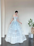 Ice Blue Off-Shoulder Ball Gown Long Prom Dress Tulle Sequins Birthday Dress Sweet 16 Dress HZ1024