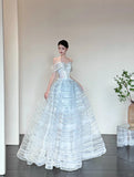 Ice Blue Off-Shoulder Ball Gown Long Prom Dress Tulle Sequins Birthday Dress Sweet 16 Dress HZ1024