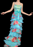 Blue Spaghetti Straps Sheath Long Formal Dress Floral Chiffon Sweet Birthday Dress HZ1024