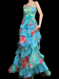Blue Spaghetti Straps Sheath Long Formal Dress Floral Chiffon Sweet Birthday Dress HZ1024