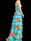 Blue Spaghetti Straps Sheath Long Formal Dress Floral Chiffon Sweet Birthday Dress HZ1024