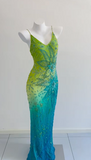 Green/Blue V-Neck Sheath Long Formal Dress Beaded Chiffon Elegant Evening Dress HZ1024