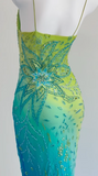 Green/Blue V-Neck Sheath Long Formal Dress Beaded Chiffon Elegant Evening Dress HZ1024