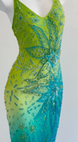 Green/Blue V-Neck Sheath Long Formal Dress Beaded Chiffon Elegant Evening Dress HZ1024
