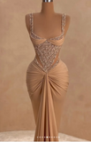 Strap Mermaid Long Prom Dresses Champagne Beaded Satin Evening Gown Graduation Dress HZ1024