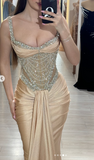Strap Mermaid Long Prom Dresses Champagne Beaded Satin Evening Gown Graduation Dress HZ1024