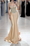Strap Mermaid Long Prom Dresses Champagne Beaded Satin Evening Gown Graduation Dress HZ1024
