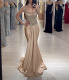 Strap Mermaid Long Prom Dresses Champagne Beaded Satin Evening Gown Graduation Dress HZ1024