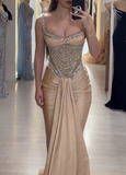 Strap Mermaid Long Prom Dresses Champagne Beaded Satin Evening Gown Graduation Dress HZ1024