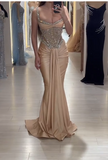 Strap Mermaid Long Prom Dresses Champagne Beaded Satin Evening Gown Graduation Dress HZ1024