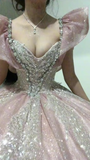 V-neck Ball Gown Quinceanera Dress Sparkly Tulle Long Prom Dresses Pink Sweet 16 Dress HZ1024