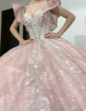 V-neck Ball Gown Quinceanera Dress Sparkly Tulle Long Prom Dresses Pink Sweet 16 Dress HZ1024