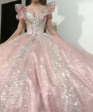 V-neck Ball Gown Quinceanera Dress Sparkly Tulle Long Prom Dresses Pink Sweet 16 Dress HZ1024