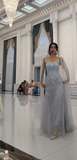Square Neck Sheath Formal Evening Dresses Sparkly Gray Blue Tulle Sequin Long Prom Dresses HZ1024
