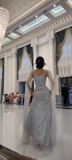 Square Neck Sheath Formal Evening Dresses Sparkly Gray Blue Tulle Sequin Long Prom Dresses HZ1024