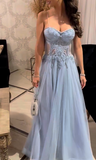 Spaghetti Strap A-Line Formal Evening Dresses Cute Appliqu¨¦ Long Birthday Dress Gray Blue Tulle Prom Dresses HZ1024