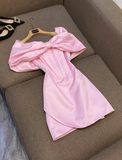 Off-the-shoulder Sheath Formal Dresses Cute Pink Satin Hoco Dresses Birthday Outfit Party Dress HZ1024