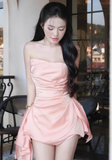 Pink Sheath Short Homecoming Dress Strapless Birthday Party Dress Satin Formal Dress HZ1024