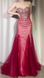 Sequin Mermaid Evening Gowns Vintage Burgundy Beaded Tulle Formal Dress Elegant Sweetheart Neck Prom Dress HZ1024