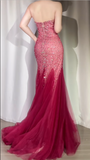 Sequin Mermaid Evening Gowns Vintage Burgundy Beaded Tulle Formal Dress Elegant Sweetheart Neck Prom Dress HZ1024