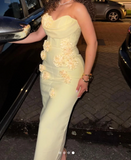 Yellow Sheath Evening Gown Modest Sweetheart Neck Applique Formal Dress Satin Birthday Outfit HZ1024