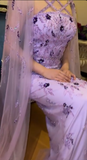 Purple Sheath Evening Gowns with Cape Modest Halter Neck Satin Beaded Formal Dress Tulle Wedding Guest Dress HZ1024